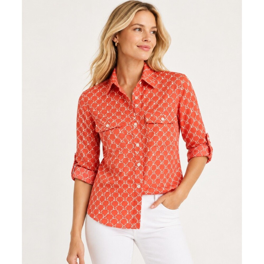 J. McLaughlin Equestrian Print Shirt Catalina Cloth M Orange Button Down Top